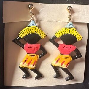 Vintage wooden Earrings-Dancing Ladies with gold clasps. Hand Painted Wood 2”
